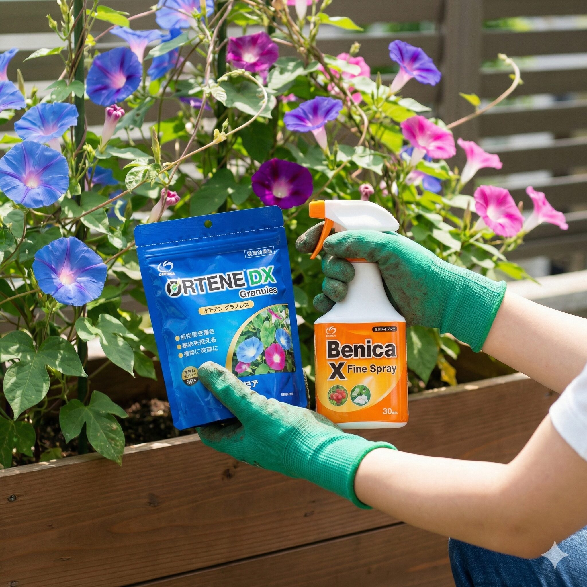朝顔 白い虫8　朝顔の害虫駆除に使用される代表的な粒剤（オルトラン）とスプレー剤（ベニカ）