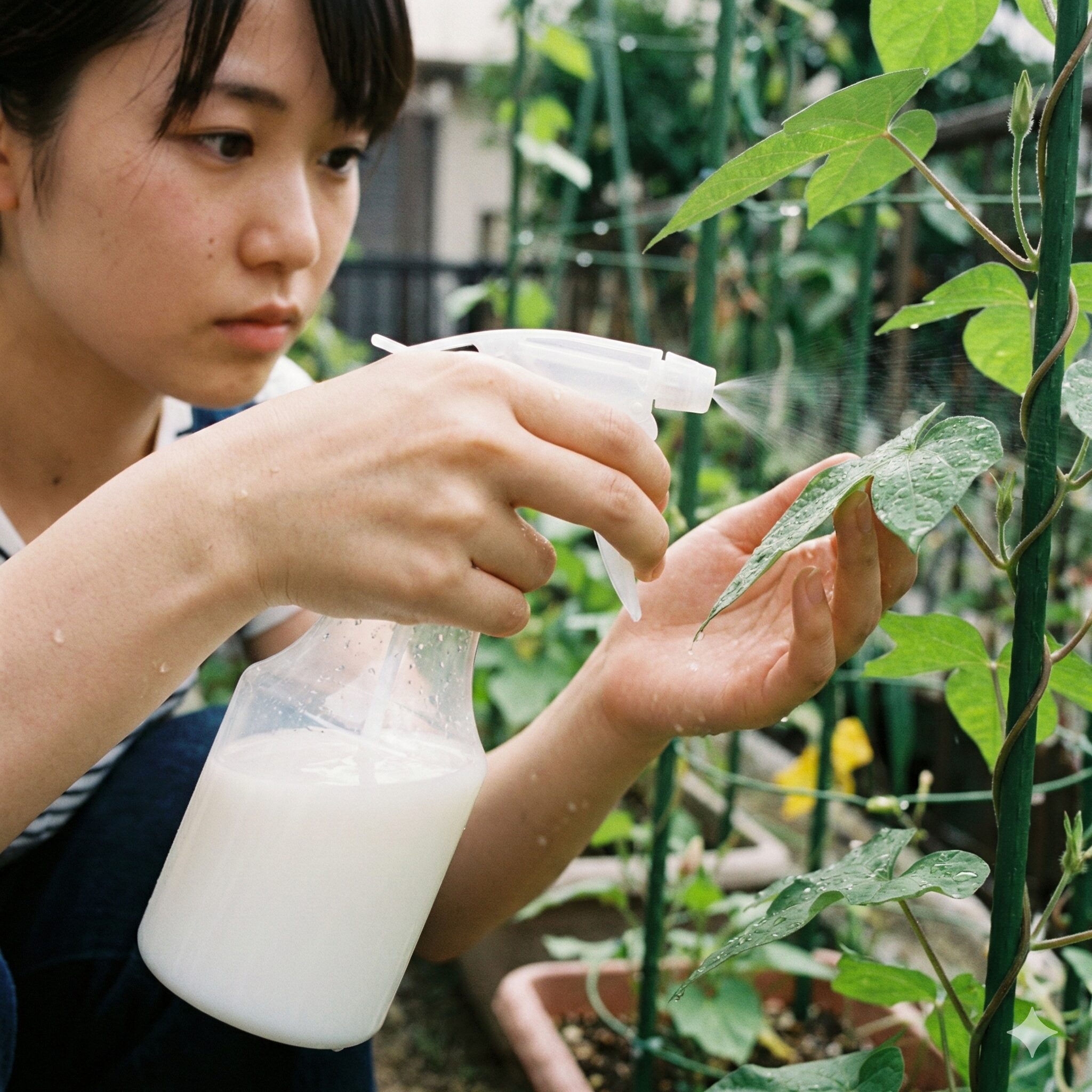 朝顔 白い虫9　無農薬対策として自作した牛乳スプレーを朝顔の葉の裏に散布する様子