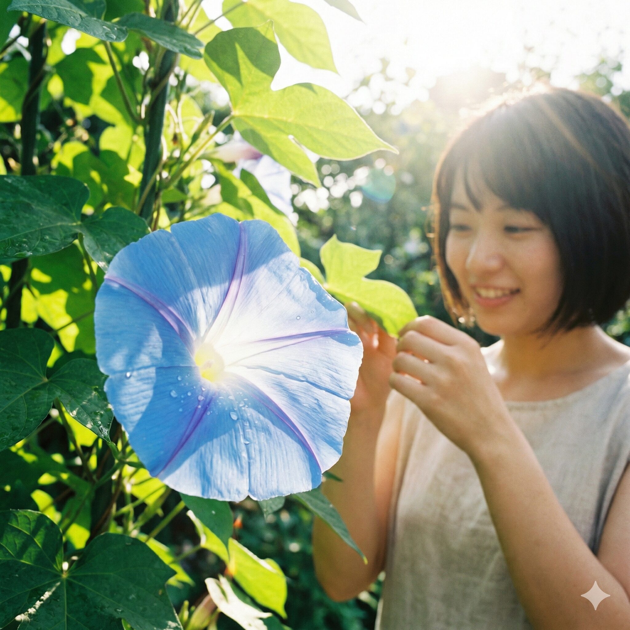 朝顔タネができない1　夏の庭に咲く鮮やかな青い日本朝顔の大輪と瑞々しい緑の葉