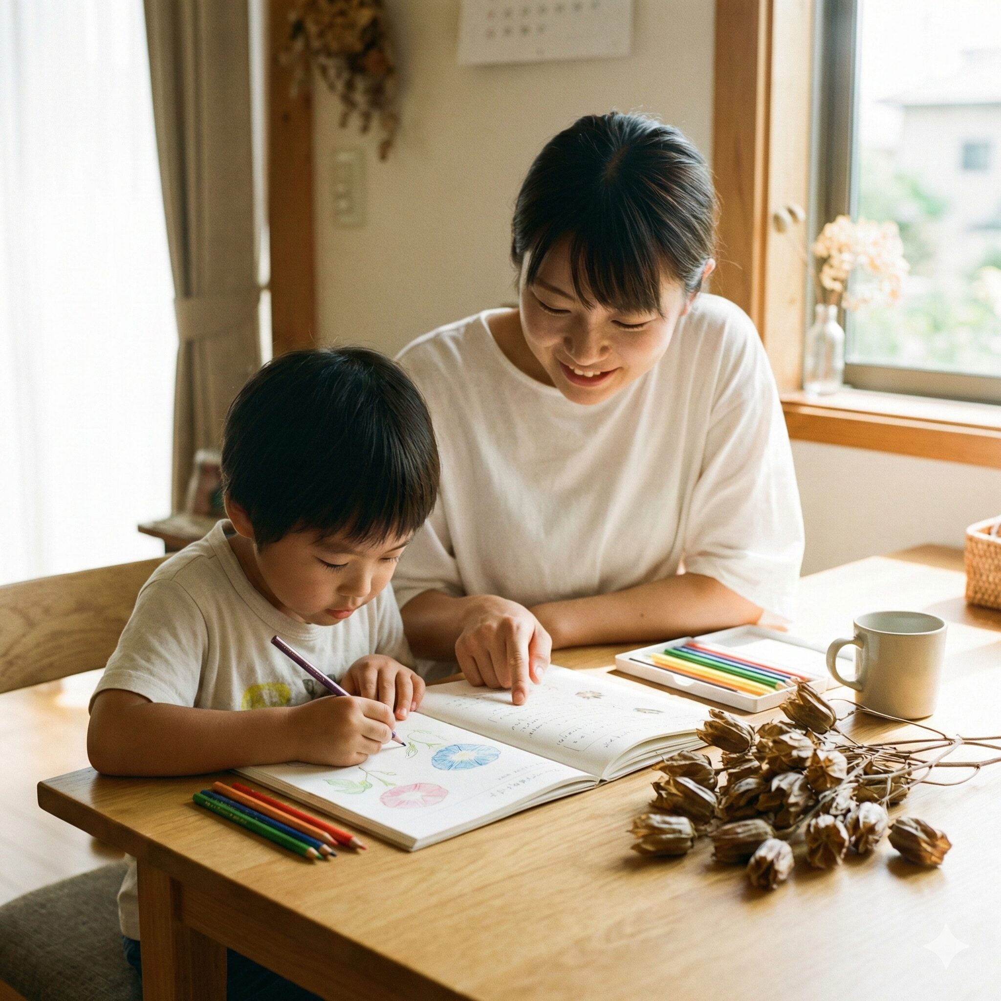 朝顔タネができない10　夏休みの宿題で朝顔の実を観察しノートにスケッチする子供の姿