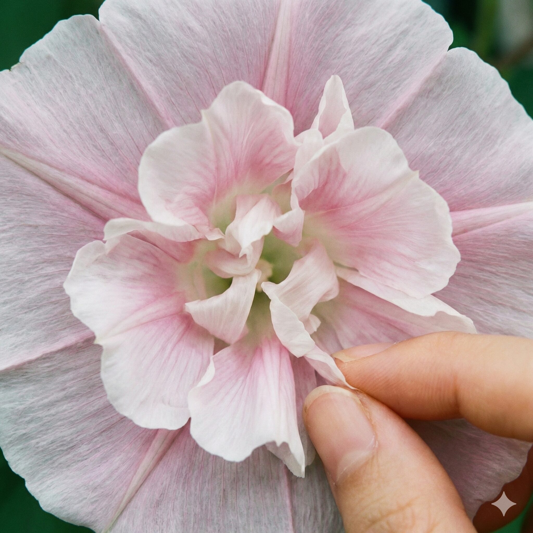 朝顔タネができない2　受粉が難しい複雑な構造を持つ八重咲き朝顔の花弁のクローズアップ