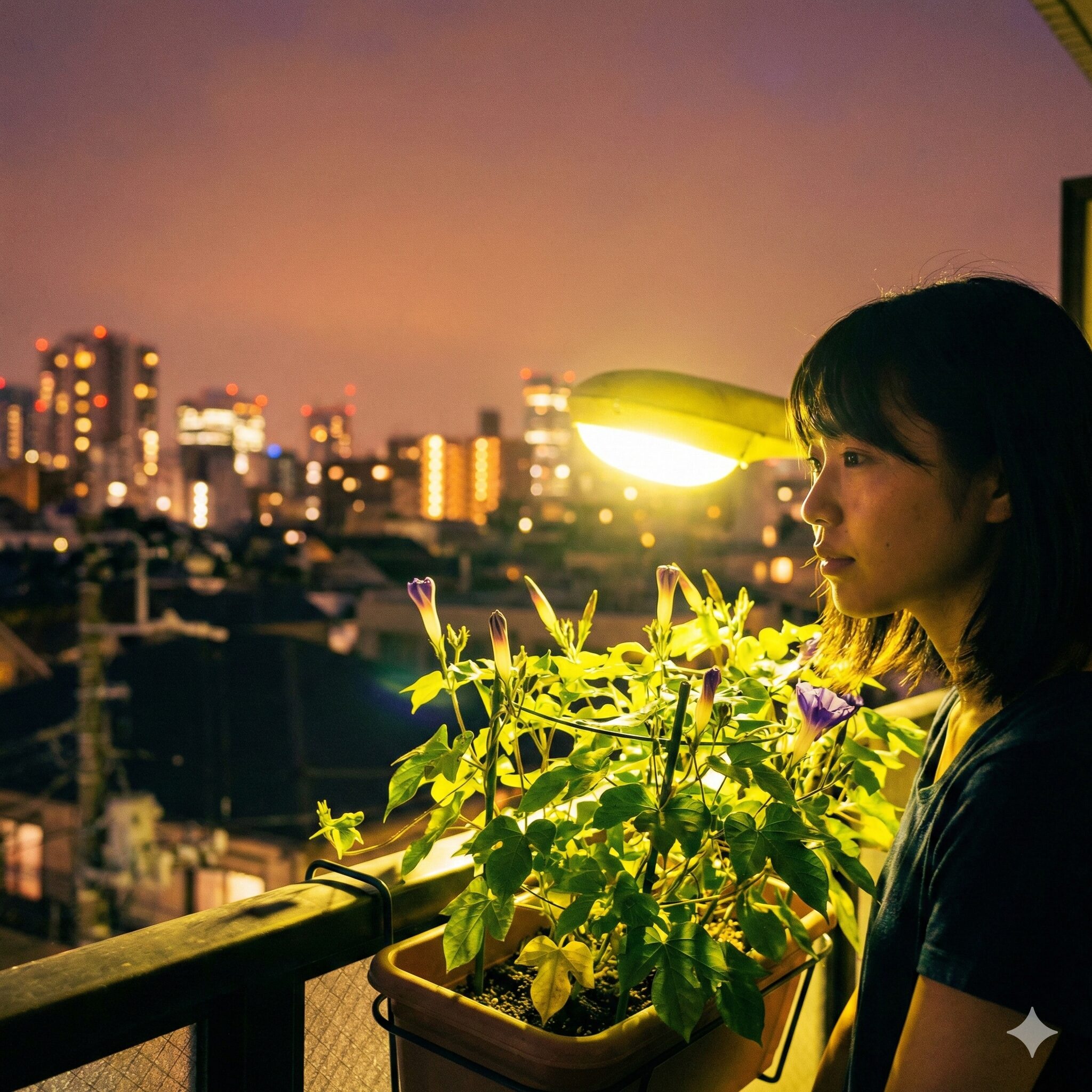 朝顔タネができない4　夜間に街灯の強い光を浴びるベランダの朝顔の鉢植えと光害の様子