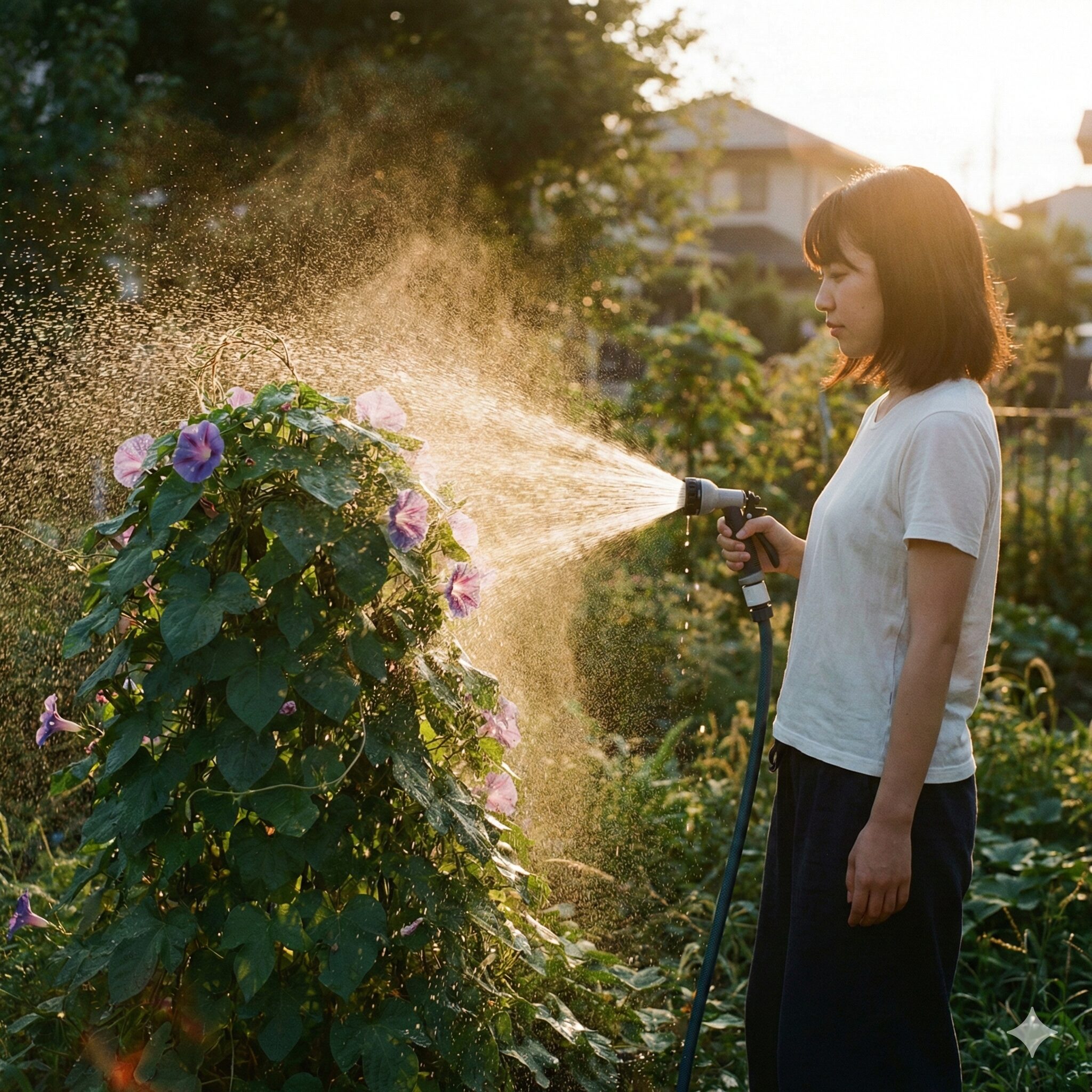 朝顔タネができない7　夏の夕方に朝顔の株全体へ葉水を行い温度を下げる暑さ対策の様子