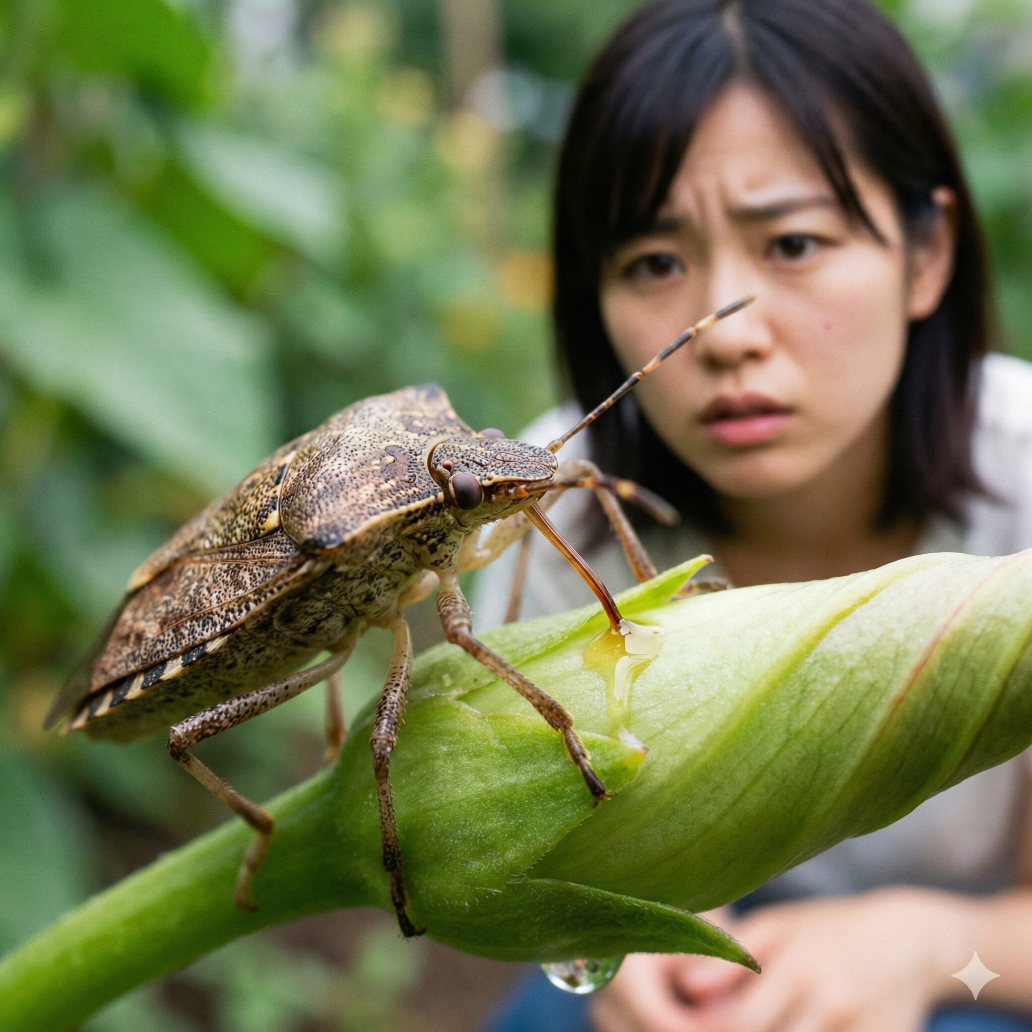 朝顔タネができない8　朝顔の若い実に寄生して種子の成長を阻害するカメムシの被害