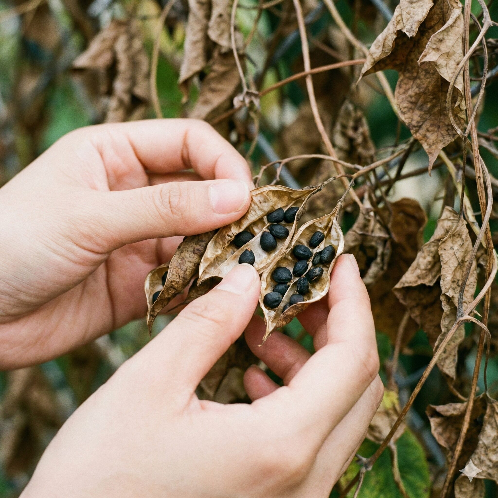 朝顔タネができない9　ガクが枯れて反り返り収穫時期を迎えた朝顔の完熟した実と黒いタネ