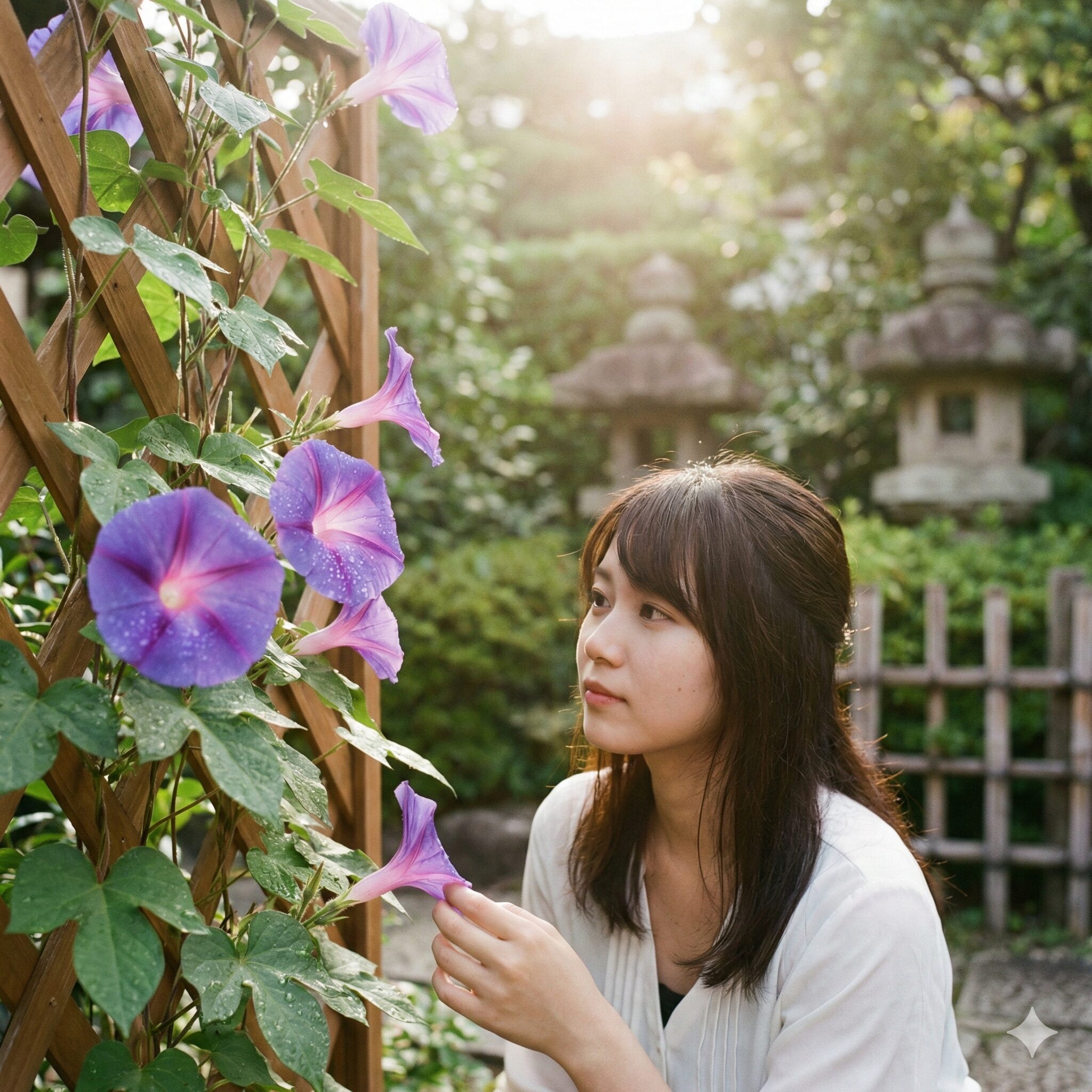 朝顔水やり頻度1　朝の光を浴びて瑞々しく咲く紫色の朝顔と朝露がついた健康的な葉