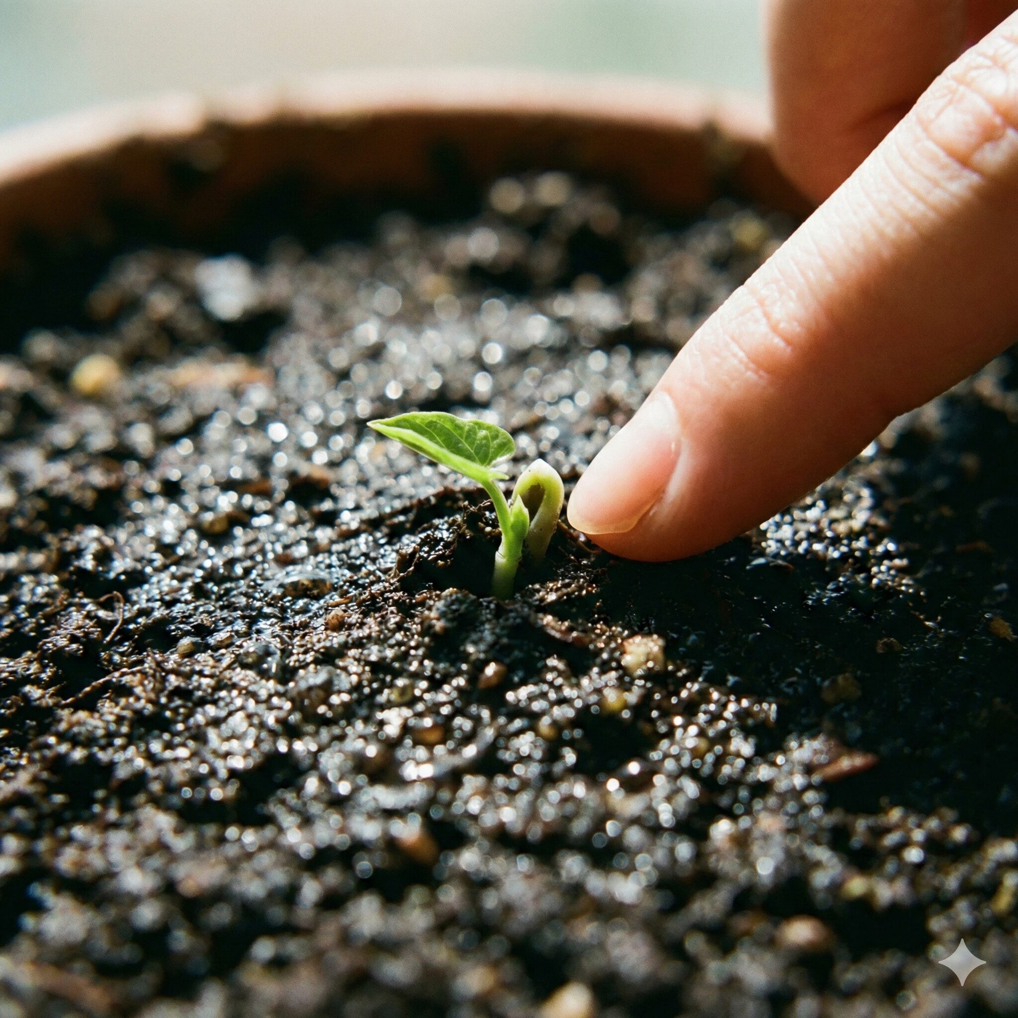 朝顔水やり頻度2　湿った土から力強く発芽する朝顔の双葉と適切な水分状態の土壌