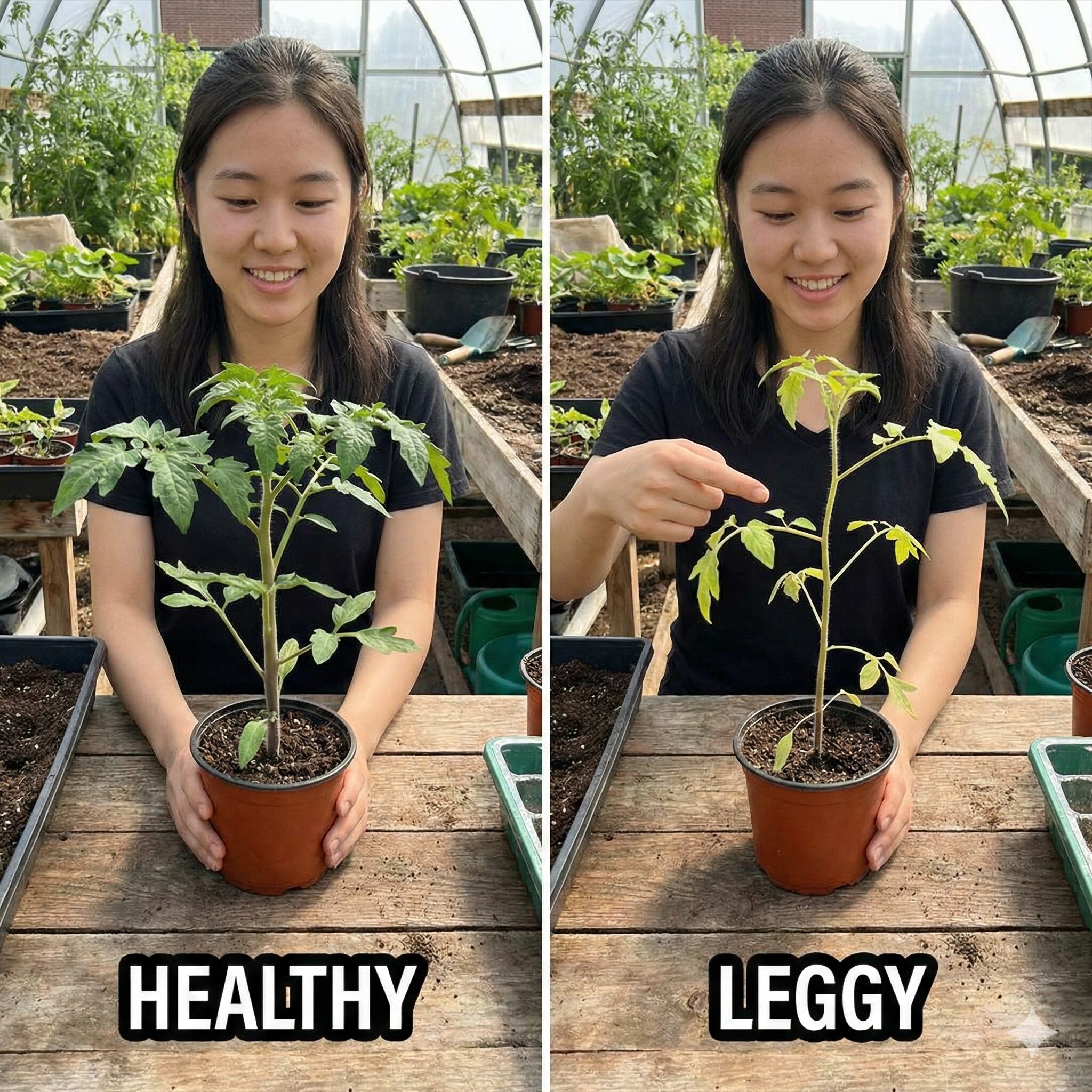 朝顔水やり頻度3　朝顔の丈夫な苗と水やり過多で徒長してしまった苗の比較