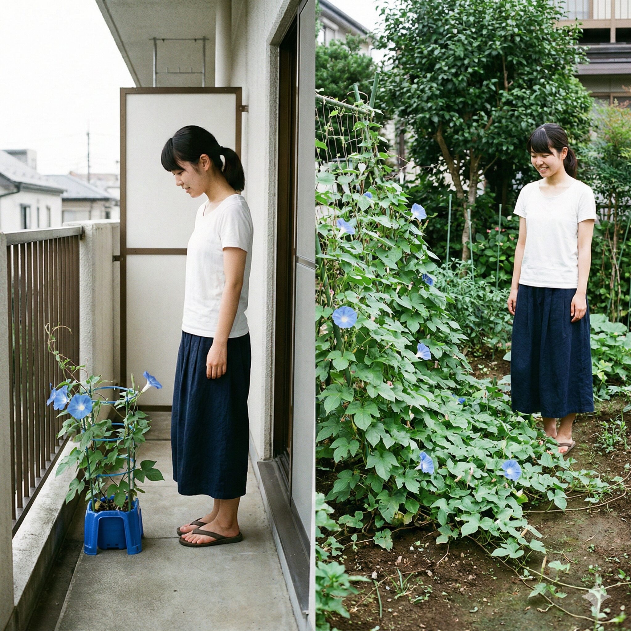 朝顔水やり頻度4　ベランダでの鉢植え栽培と庭での地植え栽培による朝顔の環境の違い