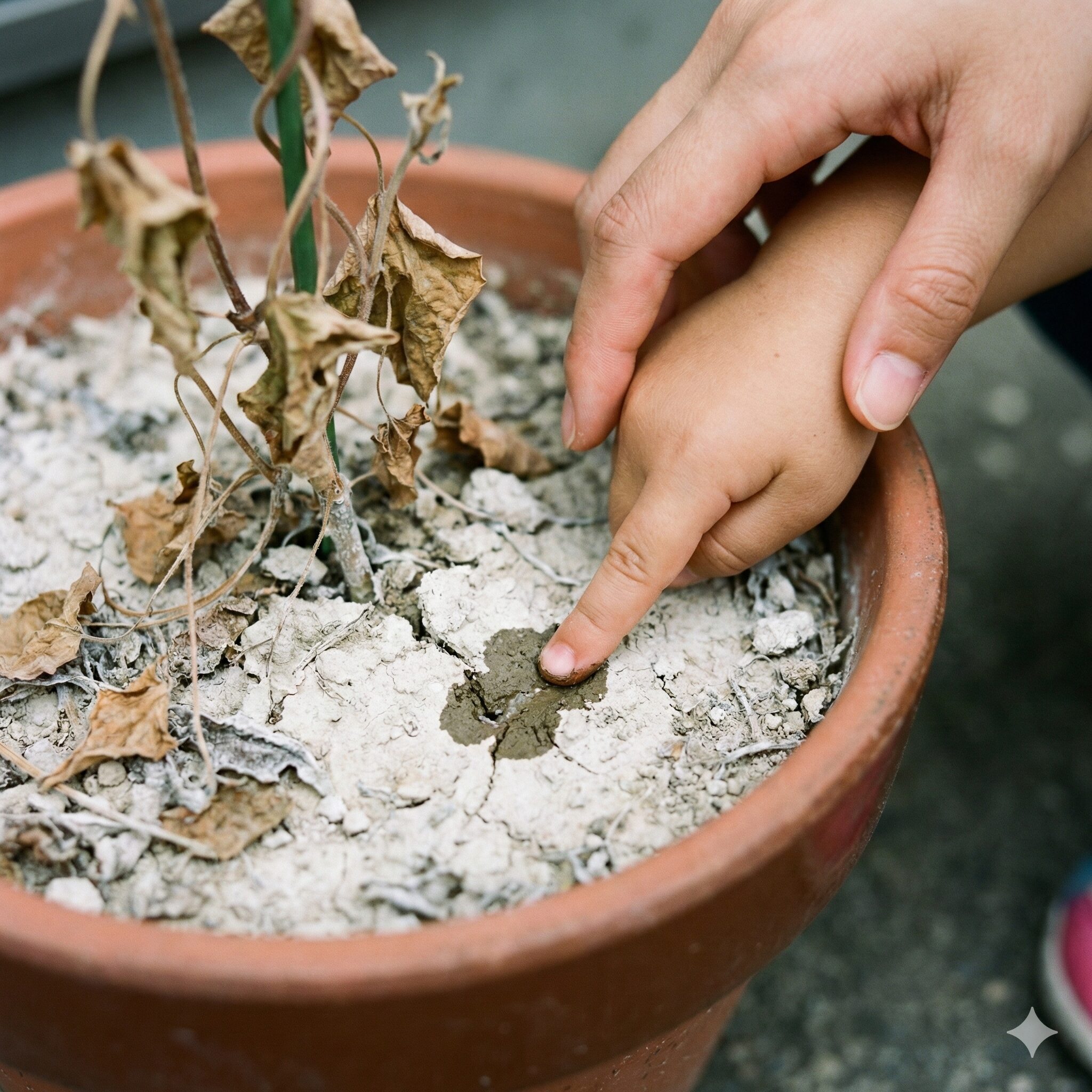 朝顔水やり頻度7　朝顔の鉢の土が白く乾いていることを指で確認する子供の手