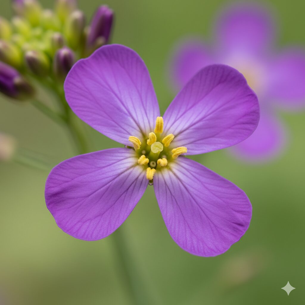 紫花菜 読み方2 4枚の紫色の花弁と中央の黄色い雄しべが特徴的なムラサキハナナの花のアップ