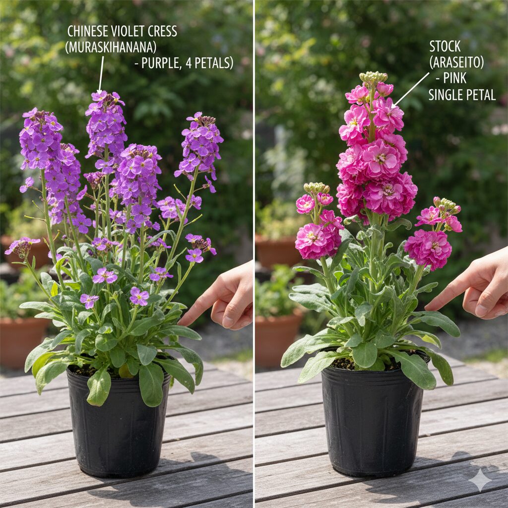 紫花菜 読み方3 オオアラセイトウ(ムラサキハナナ)とストック(アラセイトウ)の花の形の比較