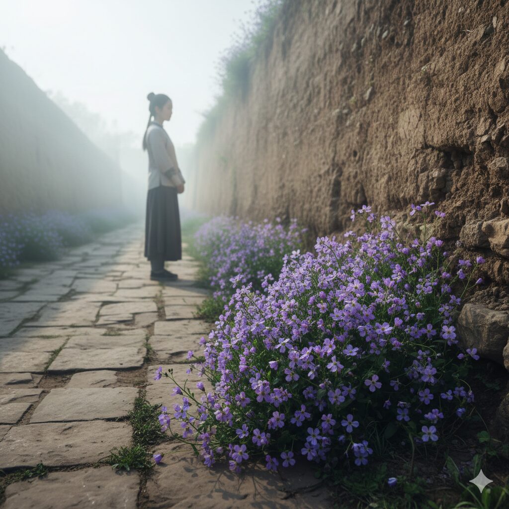 紫花菜 読み方4 諸葛孔明の故事を彷彿とさせる、歴史ある石壁の傍らに咲くショカツサイ