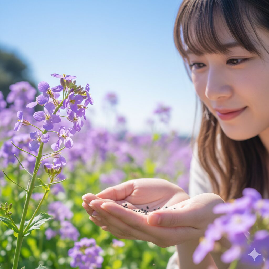 紫花菜 読み方5 平和への願いを込めて日本に広まった紫金草(ムラサキハナナ)と手のひらに乗せた種