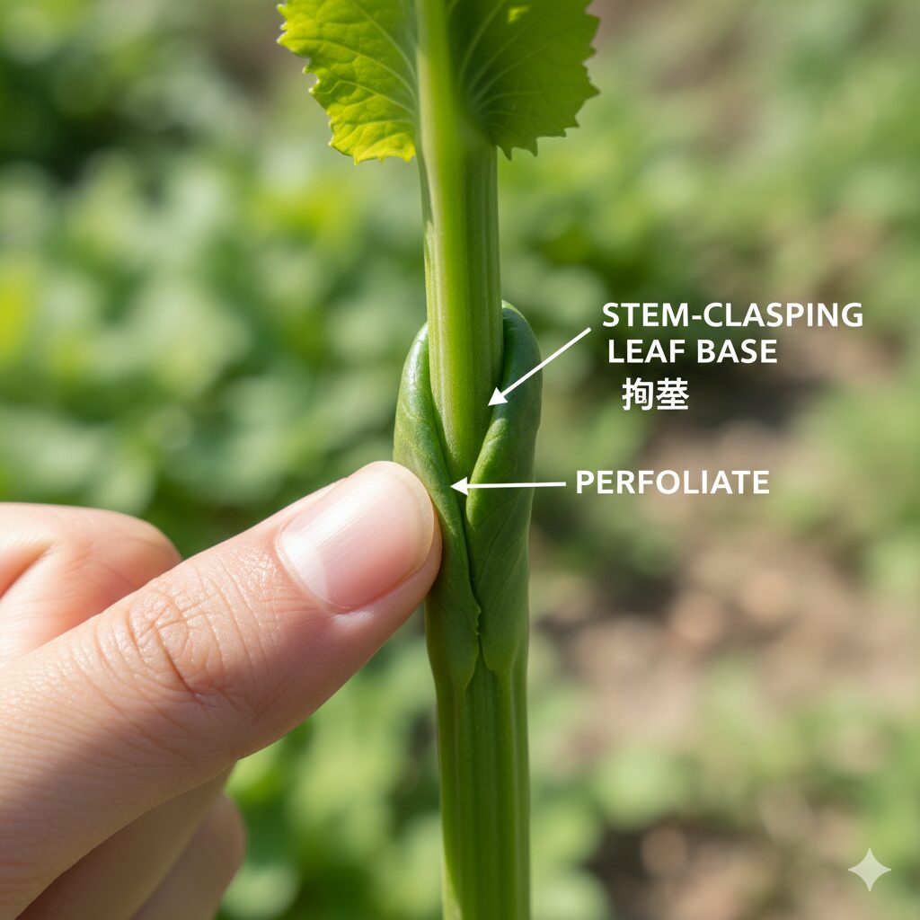 紫花菜 読み方6 ムラサキハナナの最大の特徴である、茎を抱き込むように付いている葉の形状