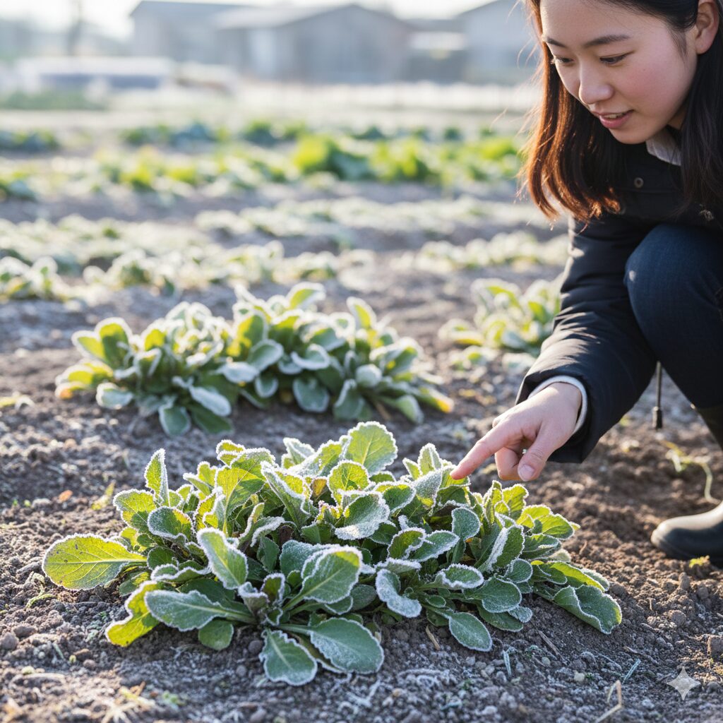 紫花菜 読み方7 冬の寒さに当たりながら地面に低く広がって成長するムラサキハナナの幼苗