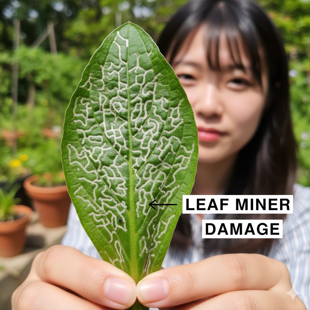 紫花菜 読み方8 ハモグリバエ(エカキムシ)によって白い曲線状の食痕がついた紫花菜の葉