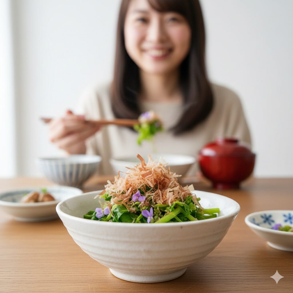 紫花菜 読み方9 春の山菜として楽しむ、ムラサキハナナの蕾と若葉の美味しそうなおひたし