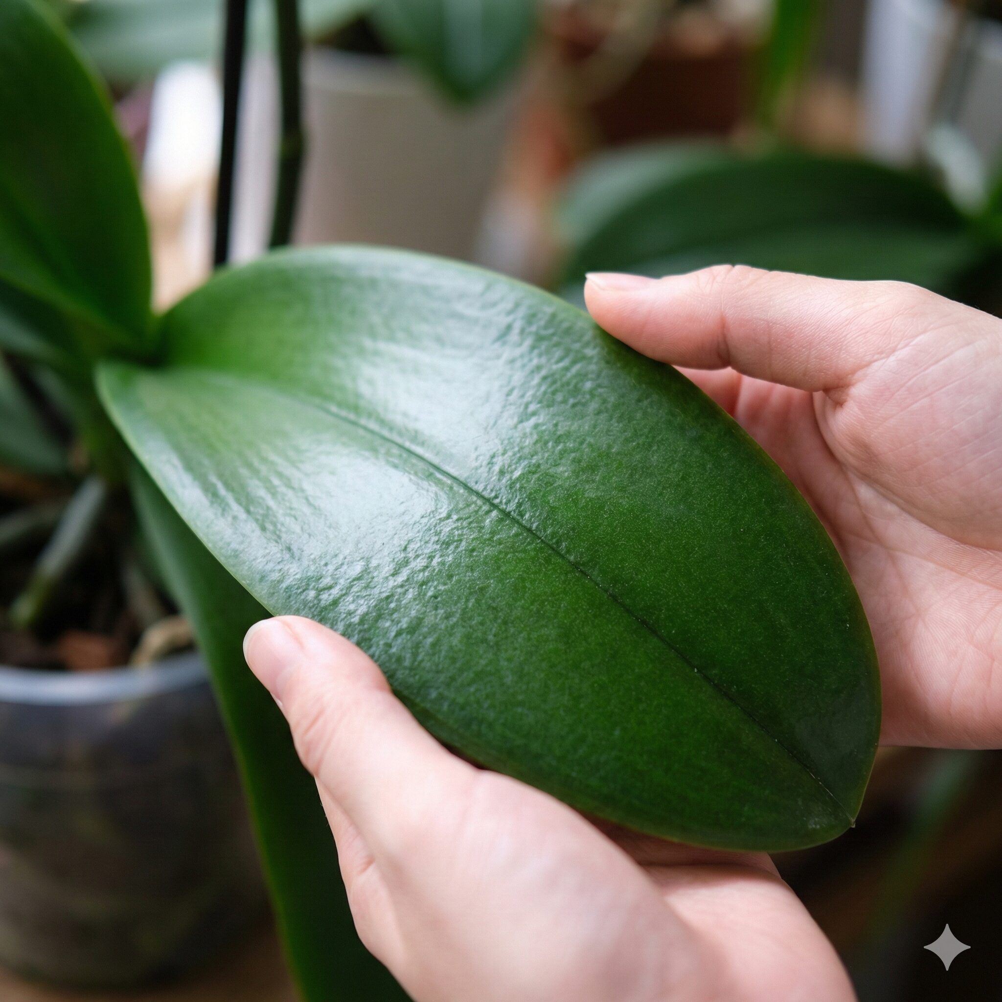 胡蝶蘭 枯れた後2　剪定前の健康診断でチェックすべき肉厚でツヤのある胡蝶蘭の葉