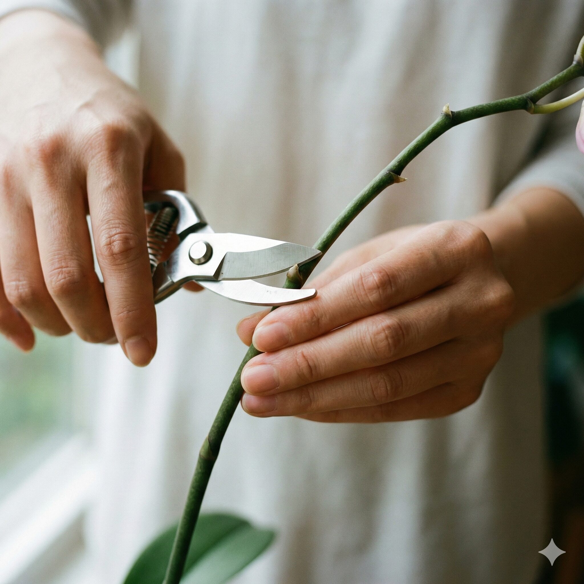 胡蝶蘭 枯れた後3　胡蝶蘭を二度咲きさせるために花茎の節の1cm上を剪定する様子