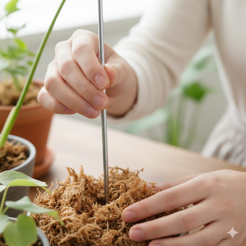 胡蝶蘭 枯れた後4　胡蝶蘭の根を傷つけないように慎重に支柱を引き抜く作業