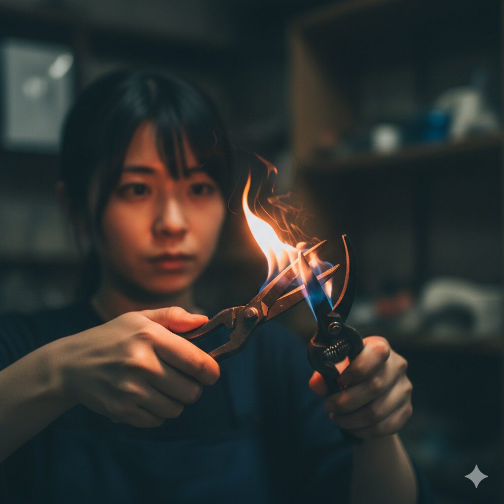 胡蝶蘭 枯れた後5　ウイルス感染を防ぐためにハサミを火炎滅菌して消毒する工程