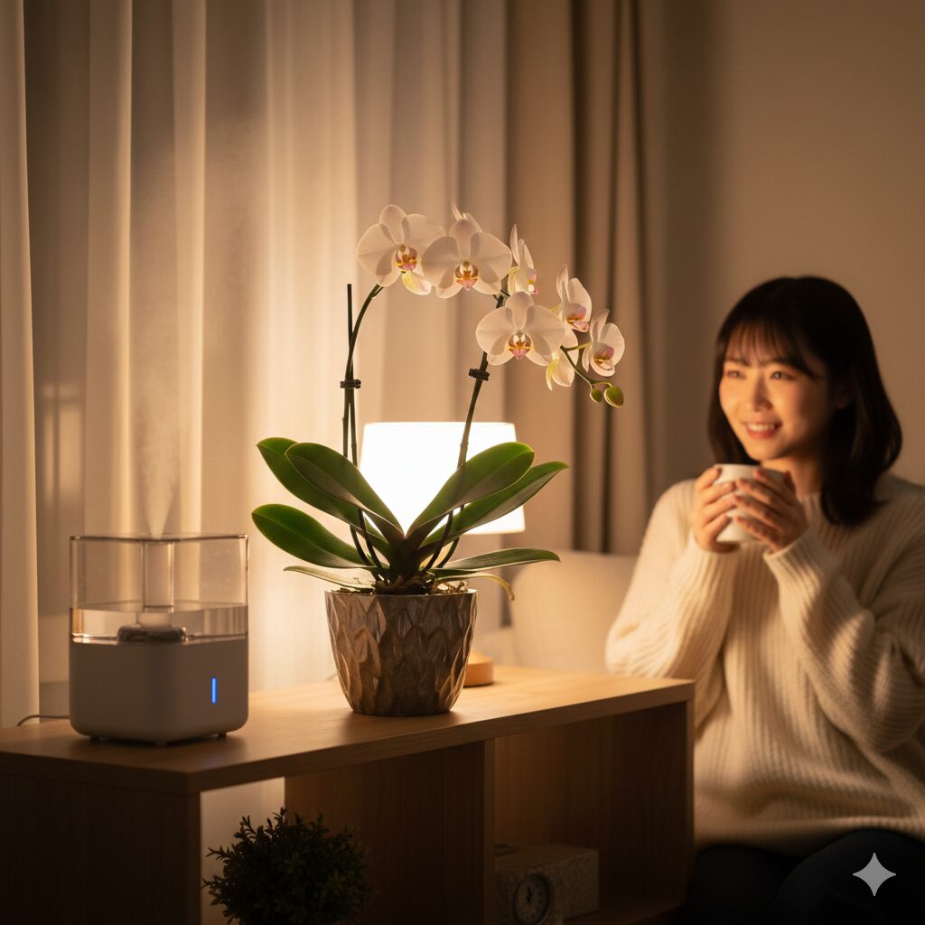 胡蝶蘭 枯れた後6　冬の寒さから守るために部屋の中央で管理される胡蝶蘭の鉢植え