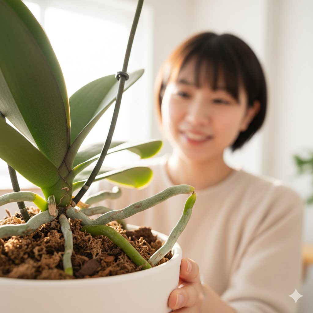 胡蝶蘭 枯れた後7　植え替えに適した成長期に新しい根が伸び始めた胡蝶蘭の株
