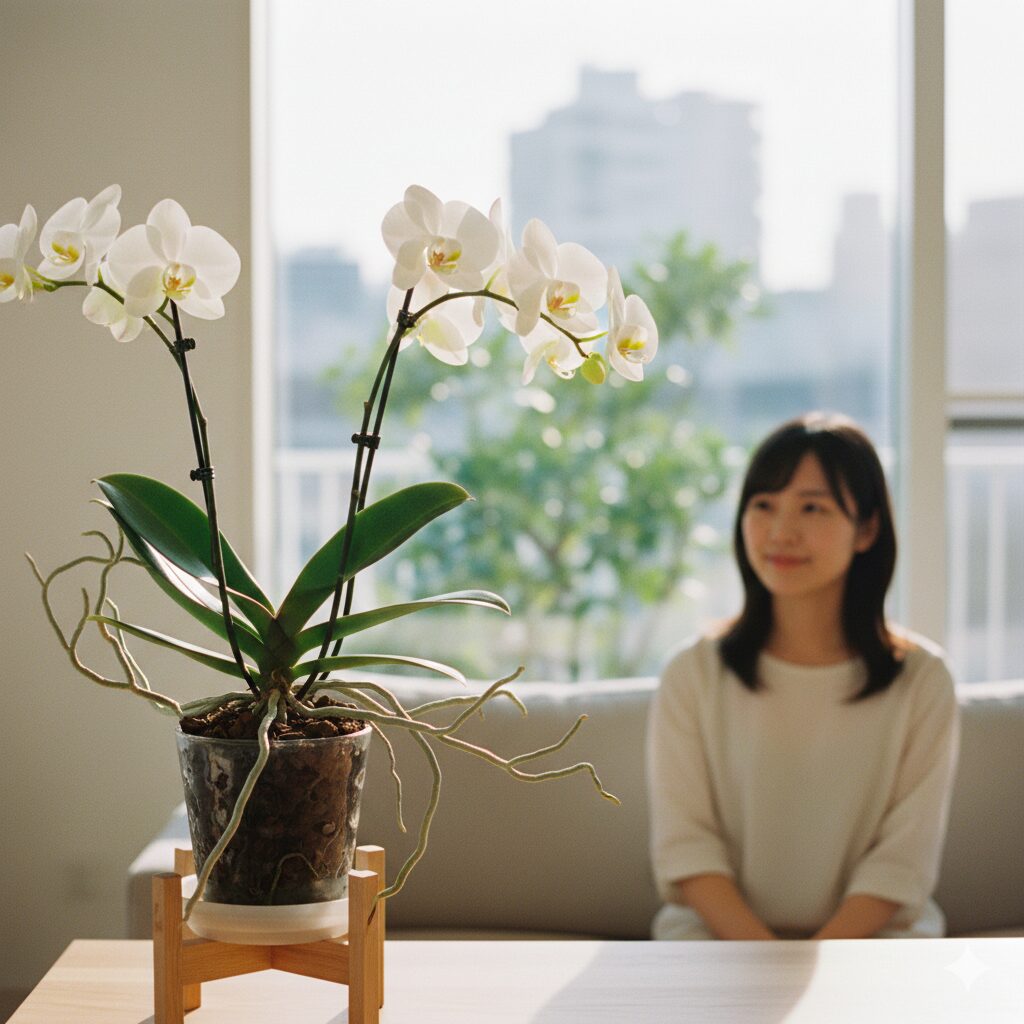 胡蝶蘭 根 むき出し1　胡蝶蘭の鉢から元気よく飛び出した銀白色のむき出しの根（気根）の様子