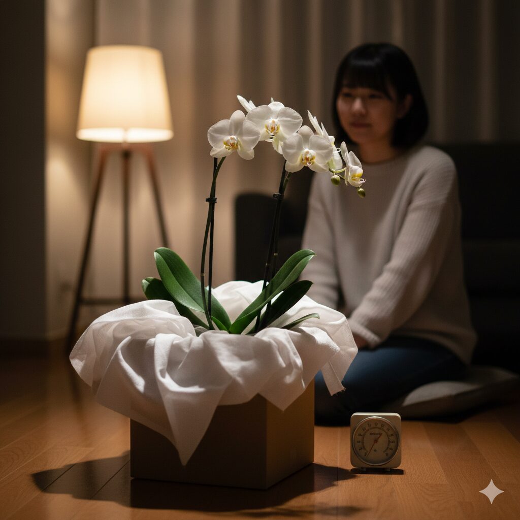 胡蝶蘭 根 むき出し10　冬の冷気から守るために不織布や段ボールで保温された胡蝶蘭の管理方法