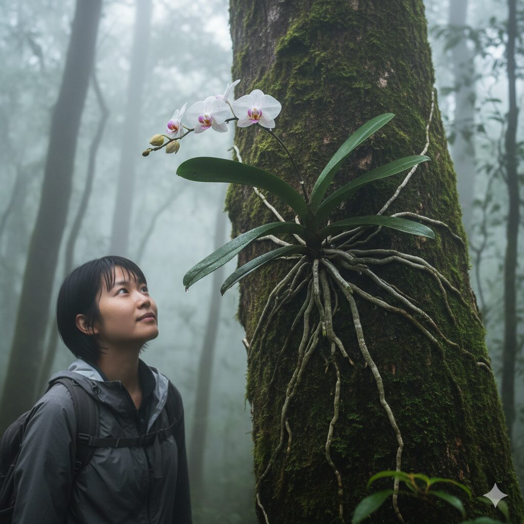 胡蝶蘭 根 むき出し2　熱帯雨林の樹木に着生して太い根を伸ばす野生の胡蝶蘭の生態写真