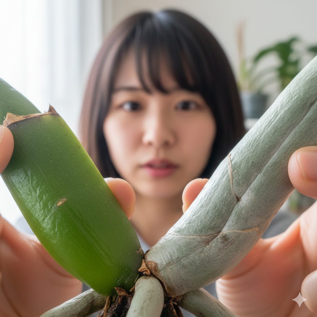 胡蝶蘭 根 むき出し3　水分を吸って緑色になった根と乾燥して銀白色になった胡蝶蘭の根の比較画像