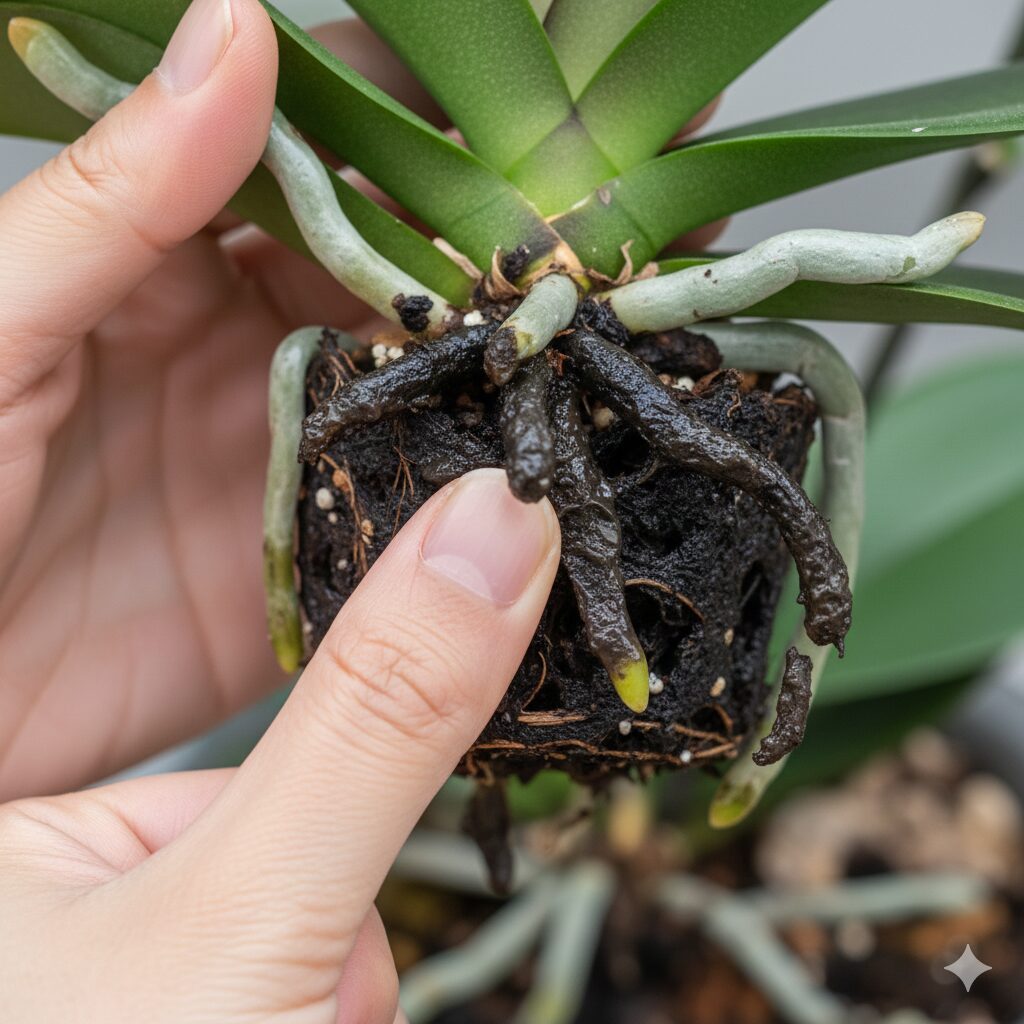 胡蝶蘭 根 むき出し5　根腐れを起こして黒ずみブヨブヨになった胡蝶蘭の不健康な根の状態