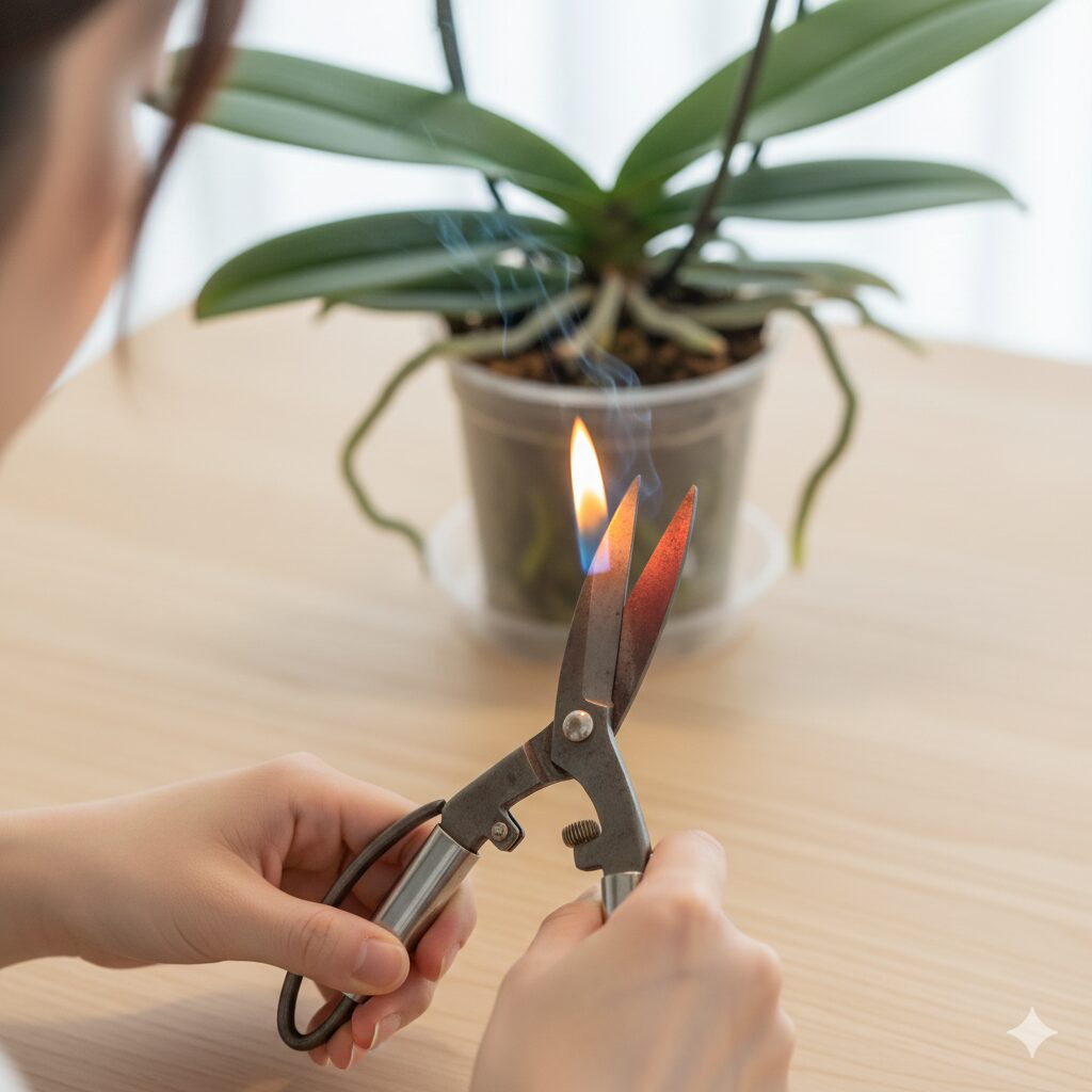 胡蝶蘭 根 むき出し6　雑菌の侵入を防ぐためにライターの火でハサミを熱消毒する手順の様子