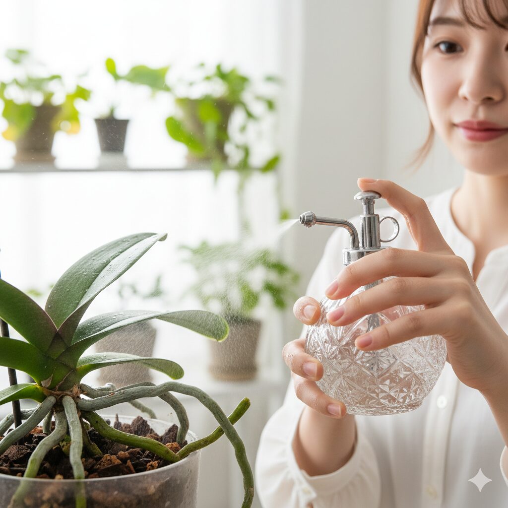 胡蝶蘭 根 むき出し7　胡蝶蘭のむき出しの根（気根）に霧吹きで葉水を与えて保湿するケアの様子