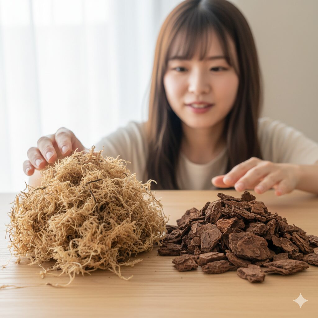 胡蝶蘭 根 むき出し8　胡蝶蘭の植え替えに使用する良質な乾燥水苔とバークチップの比較