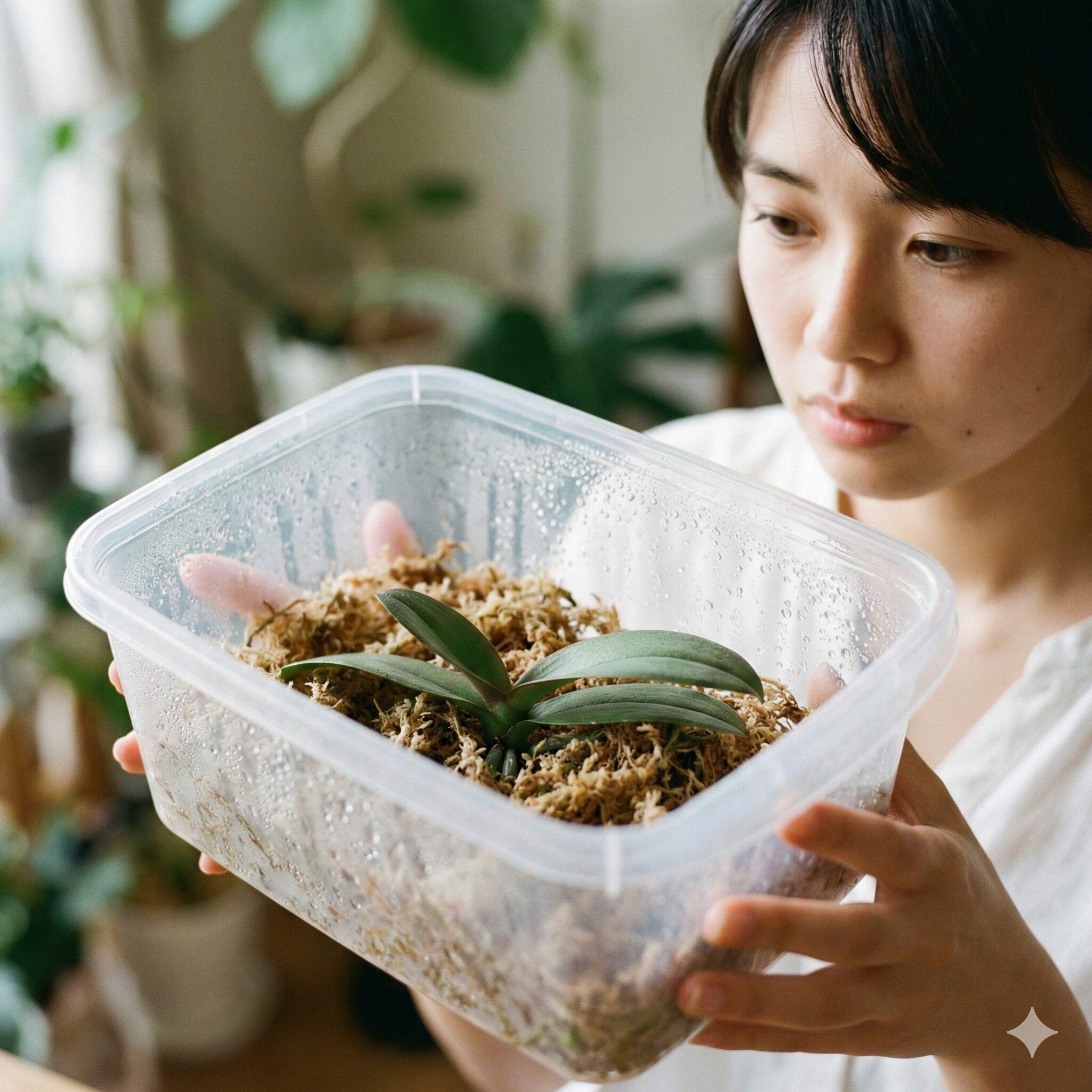 胡蝶蘭 植え 替え 根を切る10　根が全滅した胡蝶蘭を再生させる高湿度密閉法。透明容器による湿度管理。