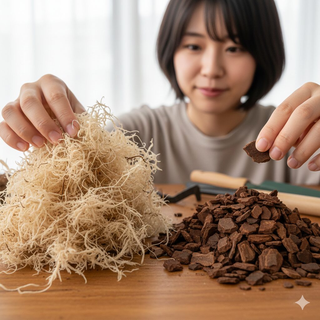 胡蝶蘭 植え 替え 根を切る3　胡蝶蘭の植え込み材の比較。左側に乾燥水苔、右側に樹皮チップのバーク。