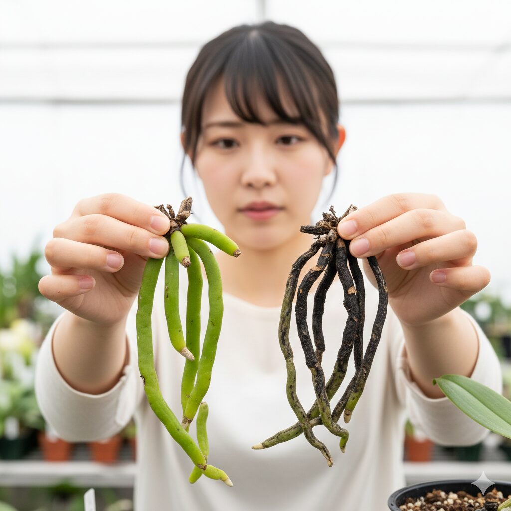 胡蝶蘭 植え 替え 根を切る4　胡蝶蘭の根の診断。弾力のある健康な緑色の根としぼんで黒ずんだ根腐れ。