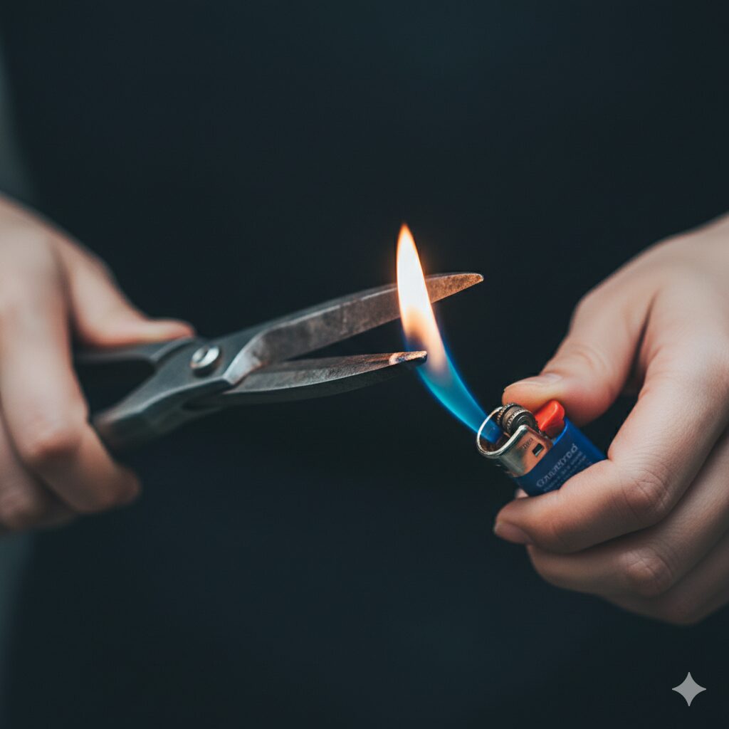 胡蝶蘭 植え 替え 根を切る5　ウイルス感染を防ぐために、ライターの火で園芸用ハサミを火炎消毒する様子。