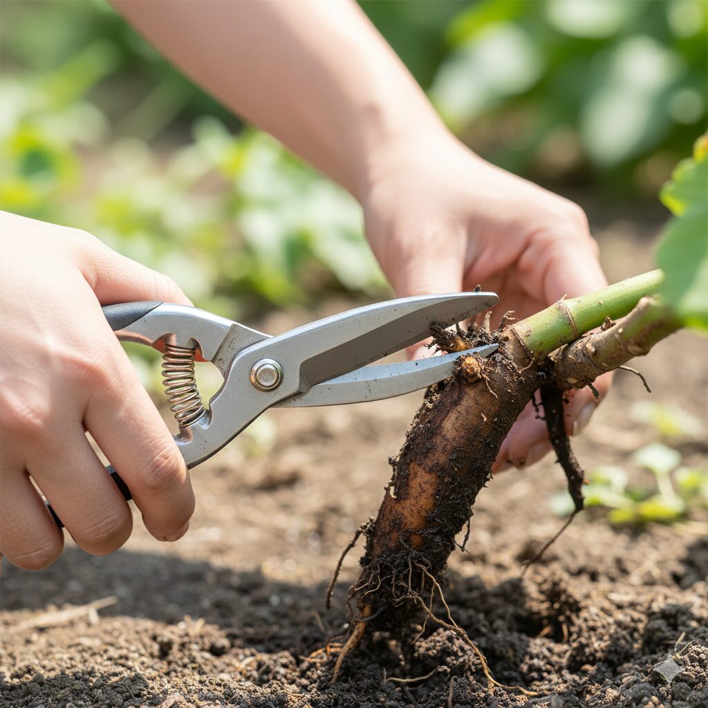 胡蝶蘭 植え 替え 根を切る6　胡蝶蘭の根腐れ処置。傷んだ部分の少し先、健康な組織の位置で根をカットするコツ。