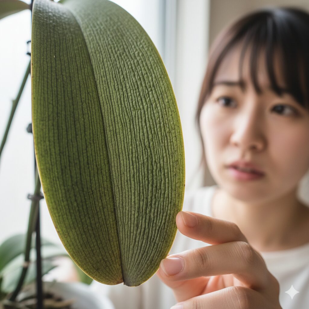 胡蝶蘭 植え 替え 根を切る7　水不足や根腐れのサイン。縦にシワが寄り弾力を失った胡蝶蘭の葉の状態。