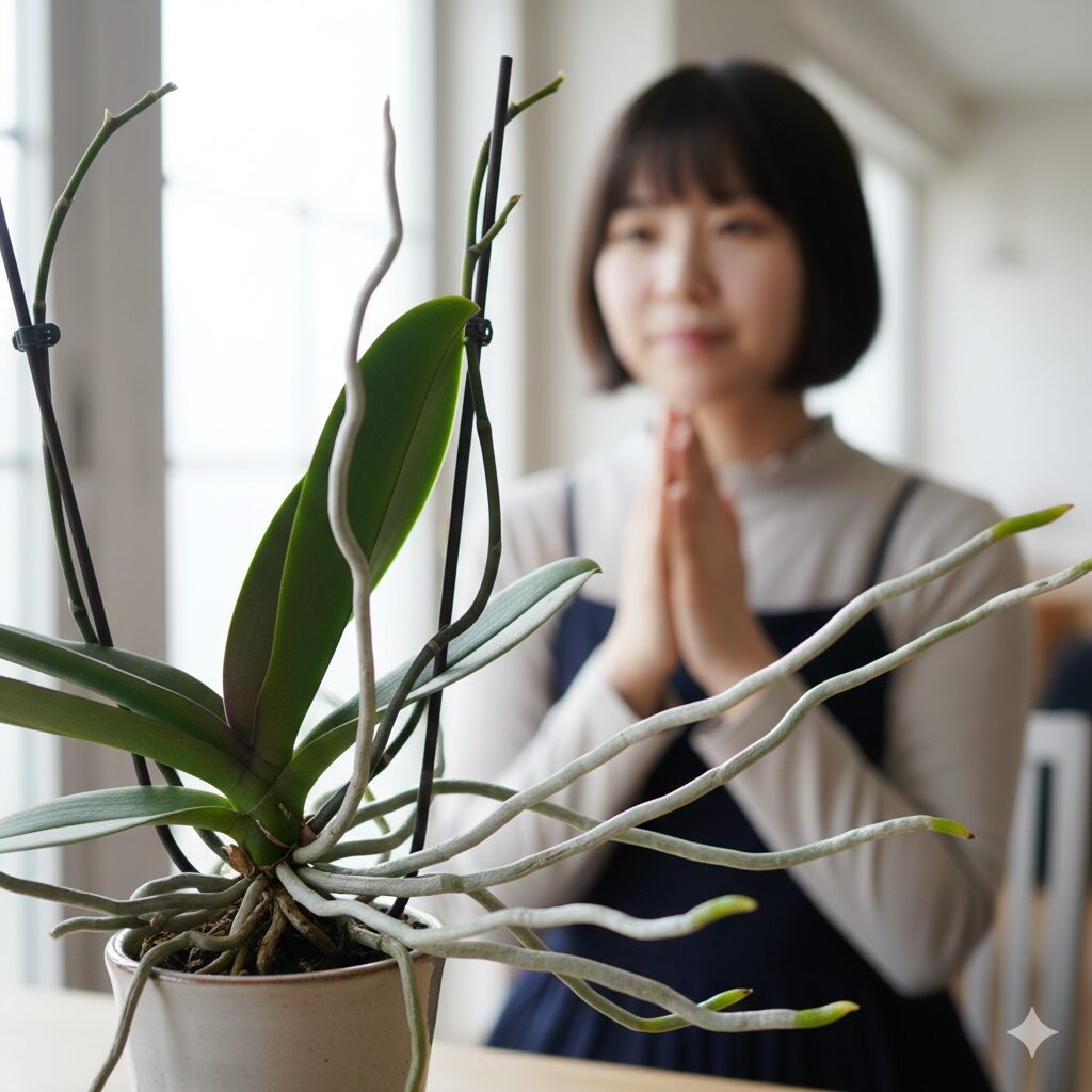 胡蝶蘭 植え 替え 根を切る8　鉢の外へ元気に伸びる胡蝶蘭の気根（空中根）。切らずに残すべき健康な根。