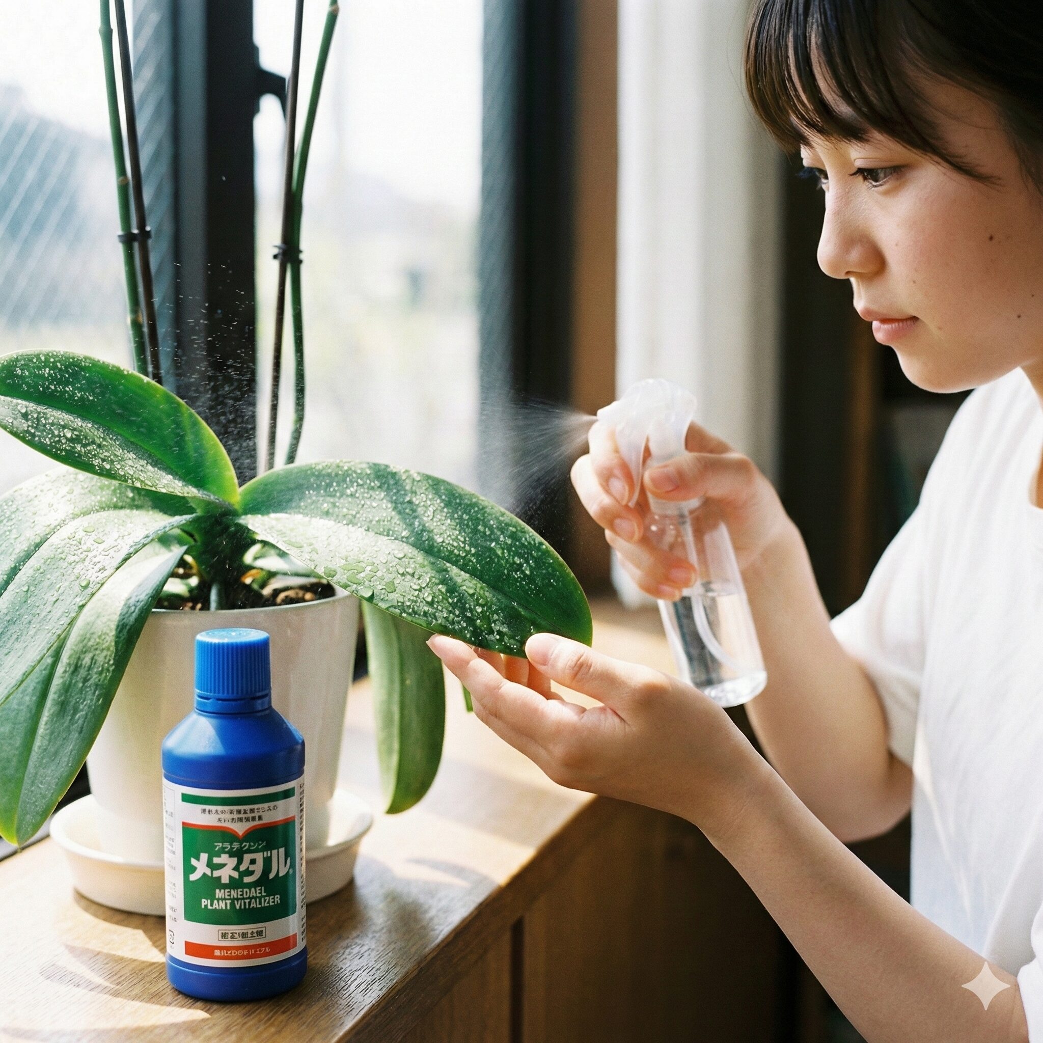 胡蝶蘭 植え 替え 根を切る9　植え替え後のケア。メネデール希釈液を霧吹きで葉の裏に吹きかける葉水。