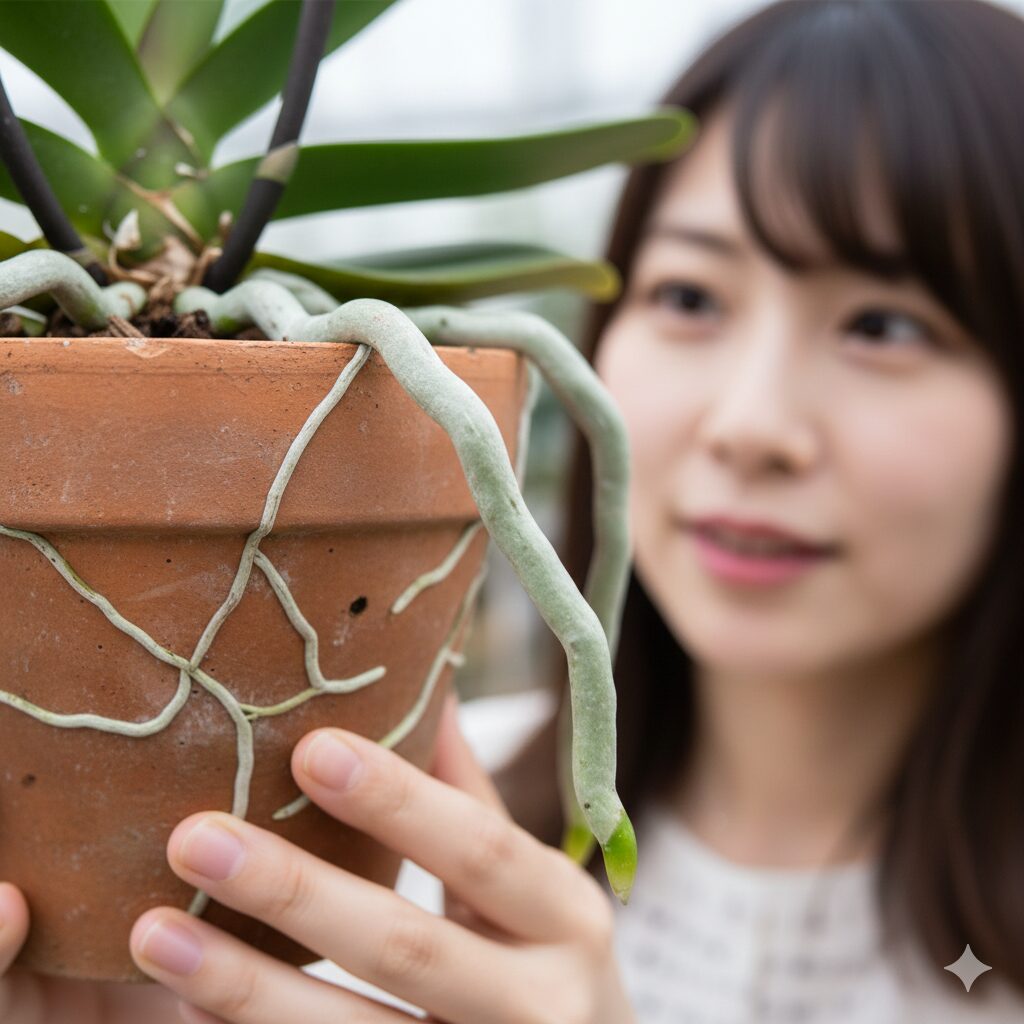 胡蝶蘭 育て方 12 ヶ月2　胡蝶蘭の健康な根と特徴的な白いベラメン層のクローズアップ