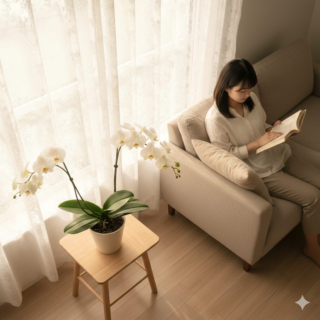 胡蝶蘭 育て方 12 ヶ月3　胡蝶蘭を葉焼けから守るレースのカーテン越しの理想的な置き場所