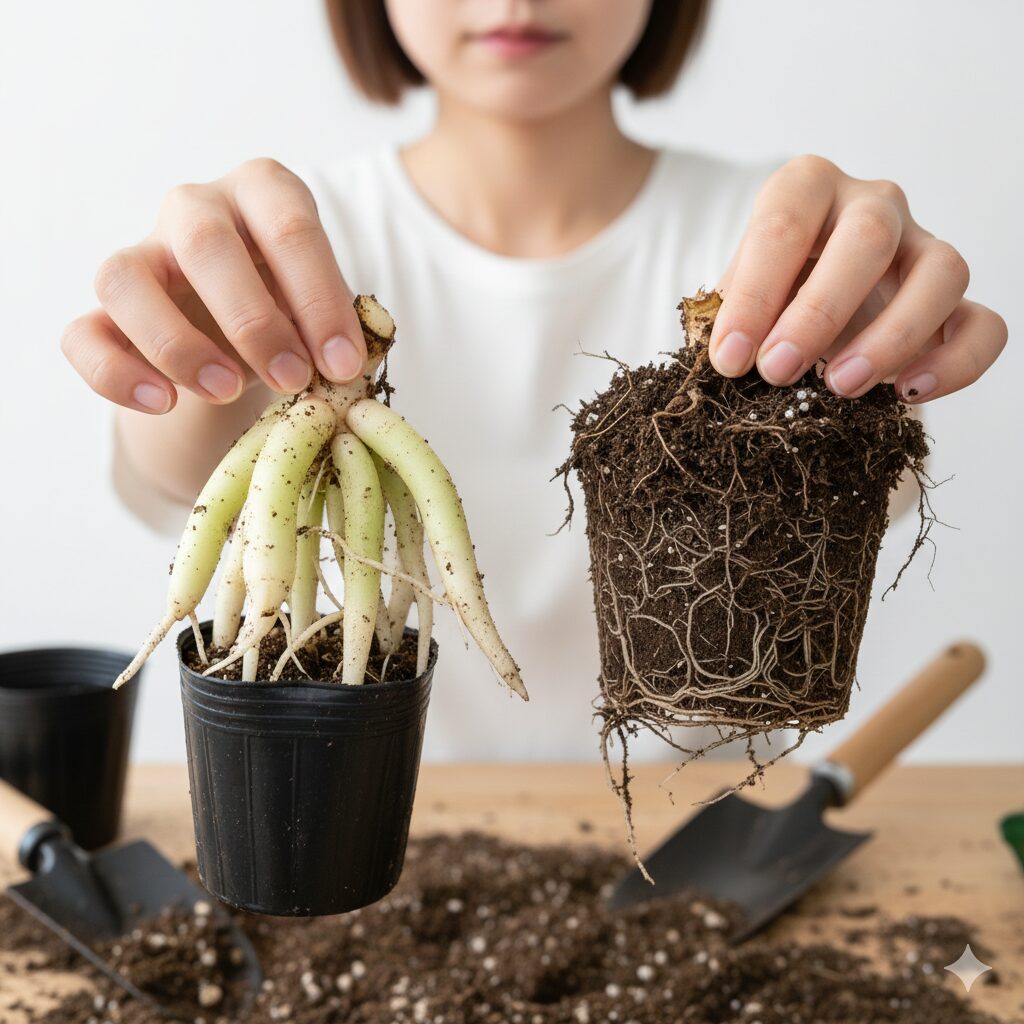 胡蝶蘭 育て方 12 ヶ月5　胡蝶蘭の健康な根と根腐れを起こした根の比較写真