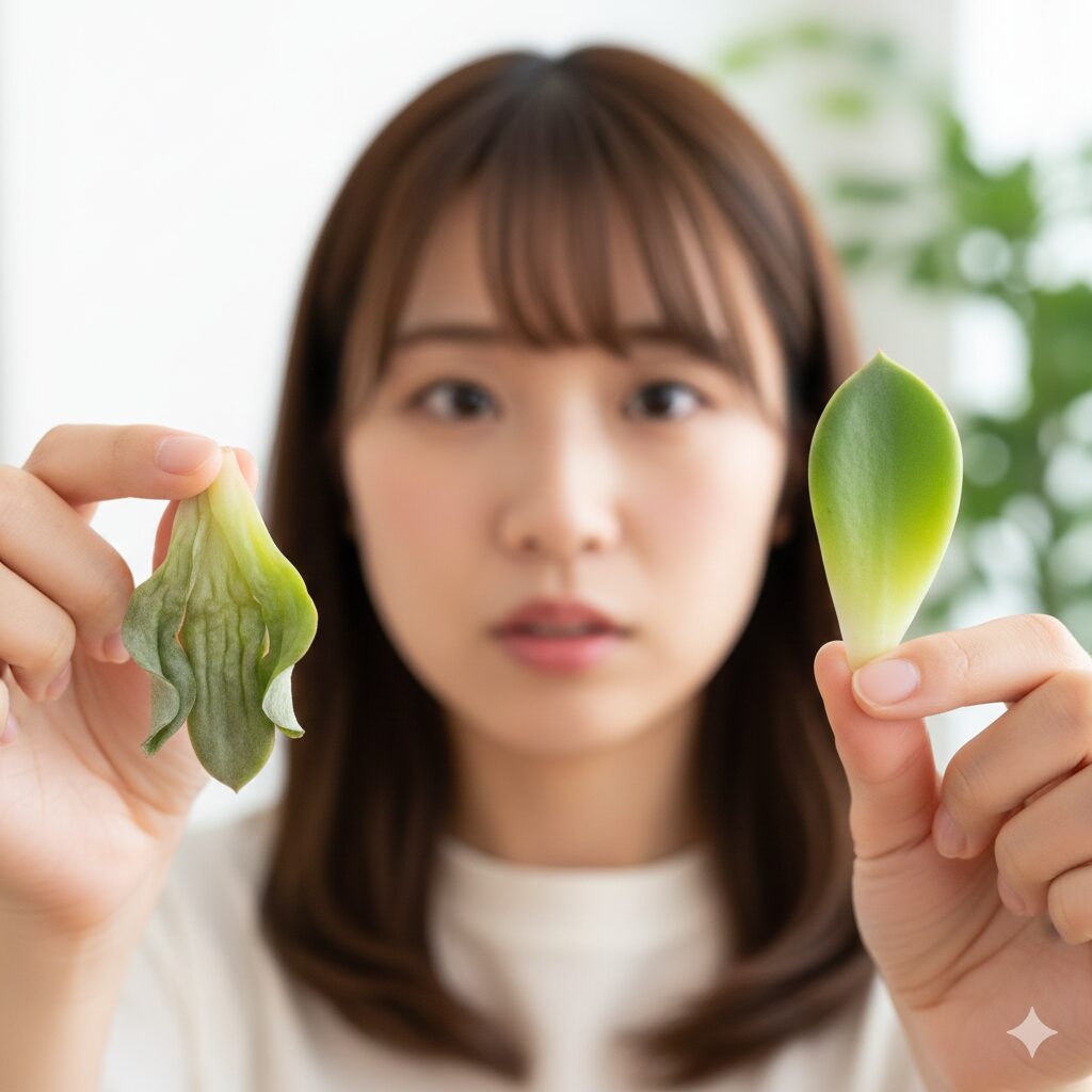 胡蝶蘭 育て方 12 ヶ月8　水分不足や根腐れにより縦シワが入った胡蝶蘭の葉の状態