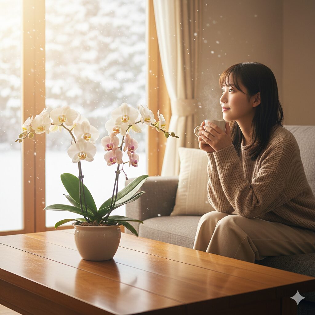 胡蝶蘭 育て方 初心者 冬1　冬の暖かい室内で美しく咲く胡蝶蘭の鉢植えと窓の外の冬景色のイメージ