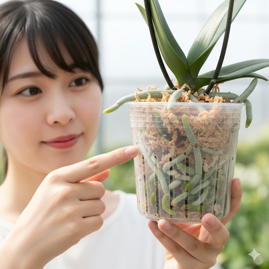 胡蝶蘭 育て方 初心者 冬10　根の状態を確認しやすい透明なプラスチック鉢に植えられた胡蝶蘭の根